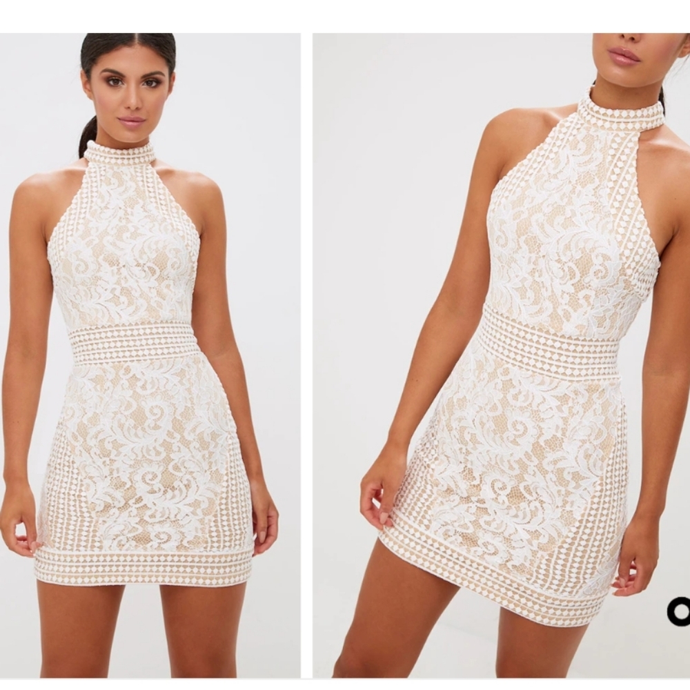 SALE White High Neck Lace Crochet Bodycon Dress